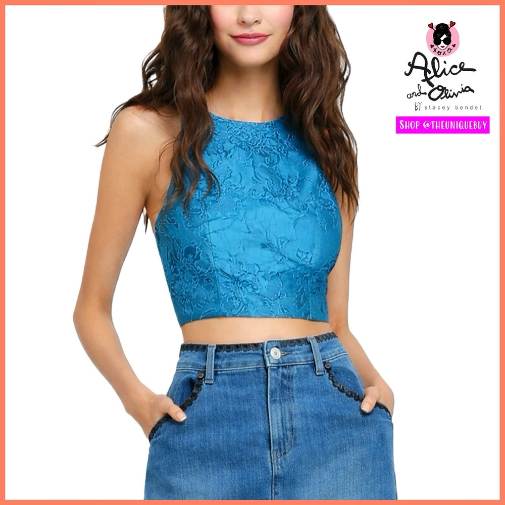 Alice + Olivia Tru Floral Jacquard Racerback Teal Blue Crop Top NWT